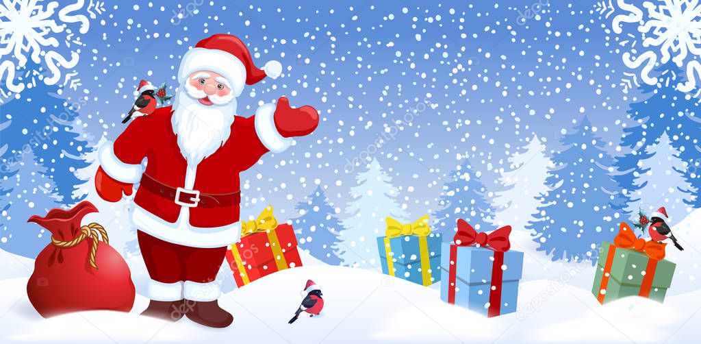Cartoon Santa Claus with Christmas red bag and gift boxes on background of  New Years winter forest