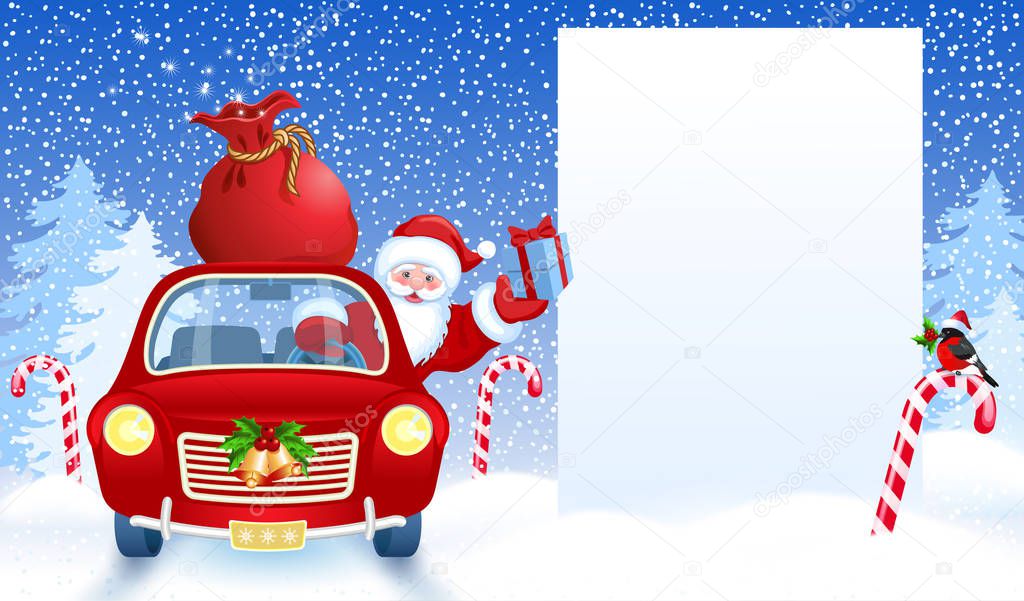 Cartoon Santa Claus  in retro car wit gift box anr big Christmas bag rides by billboard for layout congratulation or letter with list wish to Santa Claus or announcement presentation 