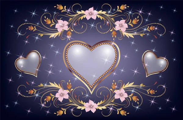 Corazón Decorativo Perlas Con Adorno Floral Dorado Estrellas Brillantes — Vector de stock