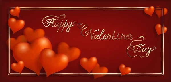 Biglietto Auguri San Valentino Con Cuori Sfusi Sfondo Rosso Cornice — Vettoriale Stock