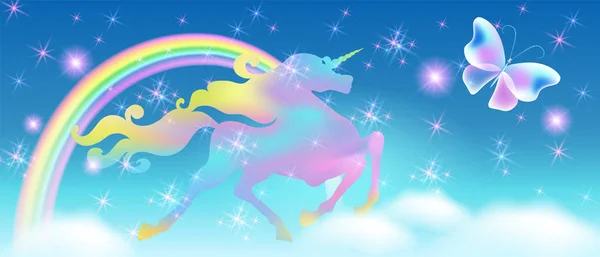 Arco Iris Cielo Las Nubes Unicornio Galopante Con Lujosa Melena — Vector de stock