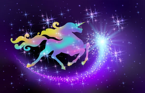 Cielo Estrellado Unicornio Iridiscente Galopante Con Lujosa Melena Fondo Del — Vector de stock