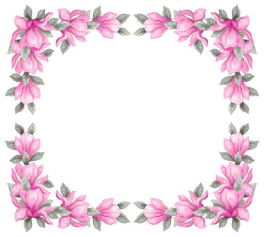 Beyaz arka plan üzerinde izole suluboya kalemleri ve boyalar pembe Manolya çiçek boyama elle çizilmiş. Çiçek bahar çerçeve.