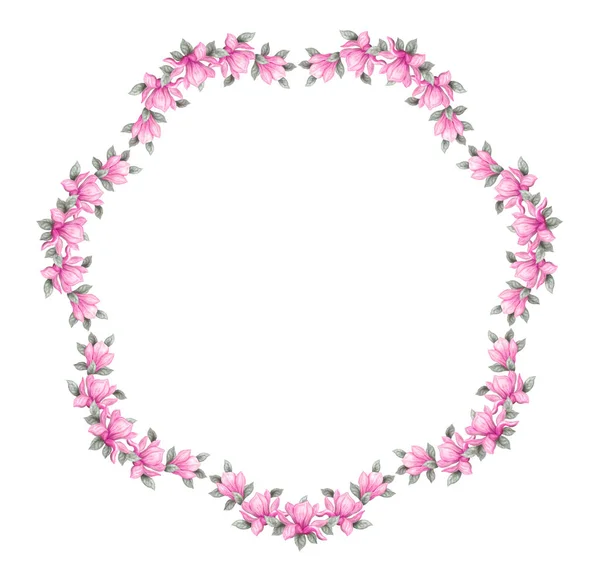 手描き絵画の白い背景で隔離水彩鉛筆や絵の具ピンク マグノリアの花 ラウンド フレーム — ストック写真