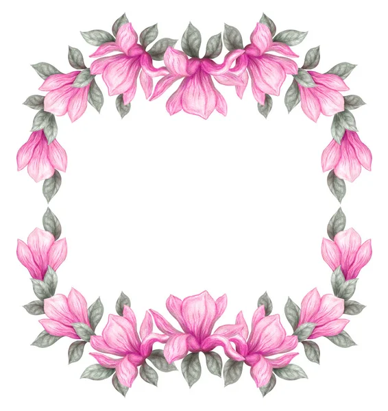 Ręcznie Rysowane Malarstwo Akwarela Kwiaty Magnolii Kredki Farby Białym Tle — Zdjęcie stockowe