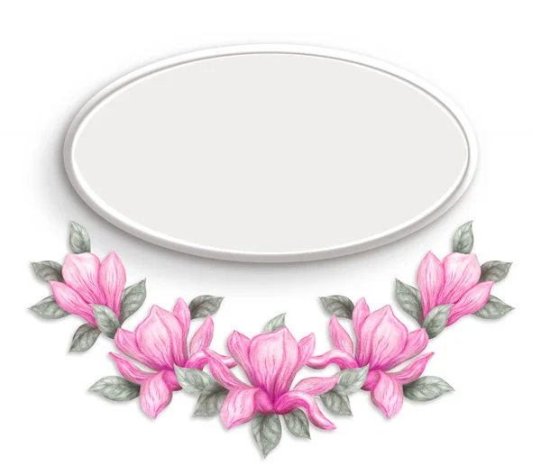 手描き絵画の白い背景で隔離水彩鉛筆や絵の具ピンク マグノリアの花 花春フレーム — ストック写真