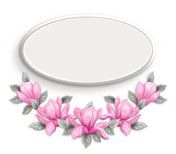 Pittura Acquerello Disegnato Mano Matite Vernici Rosa Magnolia Fiori Isolati — Foto Stock