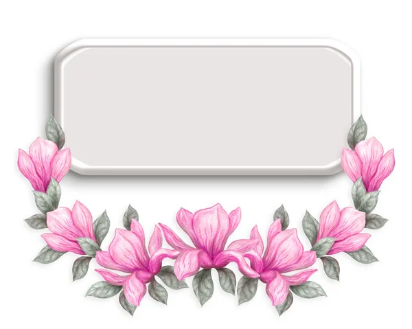 手绘水彩画水彩画铅笔和画粉红色的木兰花孤立在白色的背景 花弹簧架 — 图库照片