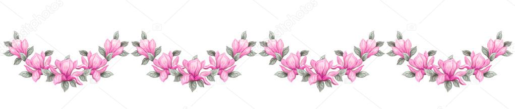 Hand drawn painting watercolor pencils and paints pink magnolia flowers isolated on white background. Floral spring ornament.