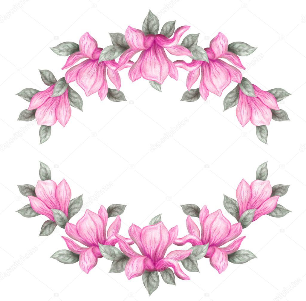 Hand drawn painting watercolor pencils and paints pink magnolia flowers isolated on white background. Floral spring frame.