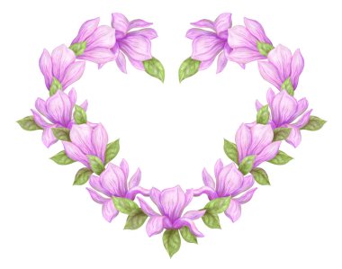 Beyaz arka plan üzerinde izole suluboya kalemleri ve boyalar pembe Manolya çiçek boyama elle çizilmiş. Çiçek kalpli çerçeve.