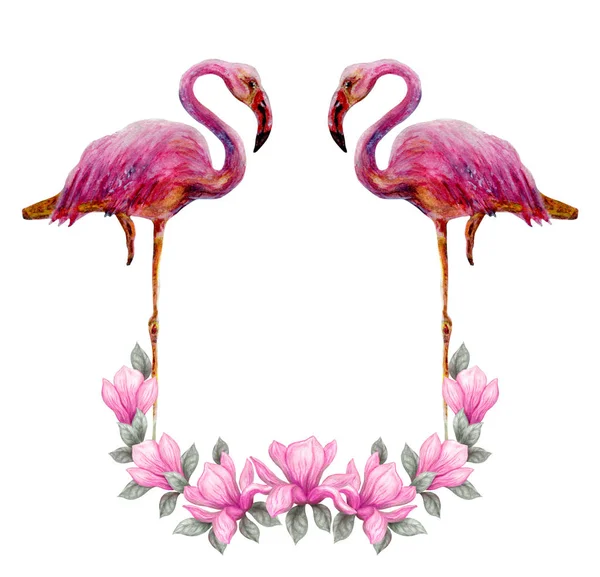 Dois Belos Flamingos Cor Rosa Estão Quadro Floral Flores Magnólia — Fotografia de Stock