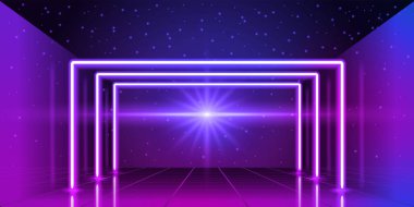Uzayda, neon fantastik koridor ile kozmik arka plan ge
