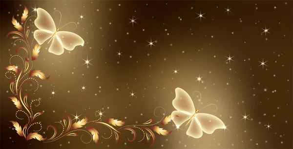 Звездный космический фон с волшебными бабочками и золотым орном — стоковый вектор