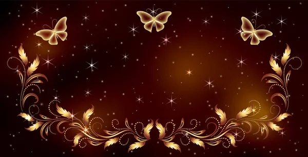 Stellar space background with magical butterflies and golden orn — Stock Vector