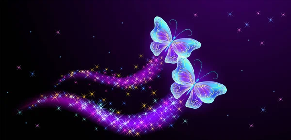 輝きで蝶の飛翔とトレイルを燃える — ストックベクタ