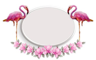 İki pembe flamingolar manolya çiçekleri çiçek çerçevesi duruyor