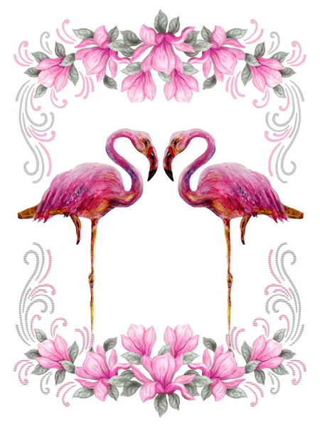 Dois flamingos rosa está em quadro floral de flores de magnólia é — Fotografia de Stock