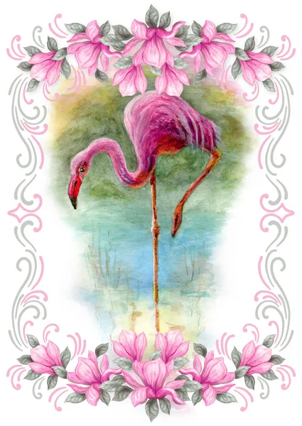 Met de hand getekend schilderij aquarelpotloden en verven roze Magnolia — Stockfoto