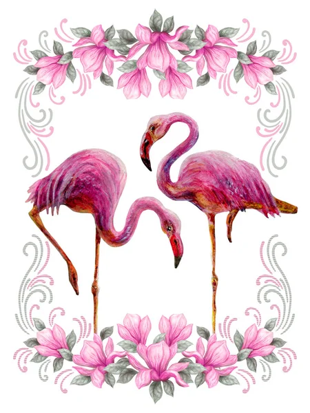 两个粉红色的火烈鸟站在木兰花的花框架 — 图库照片