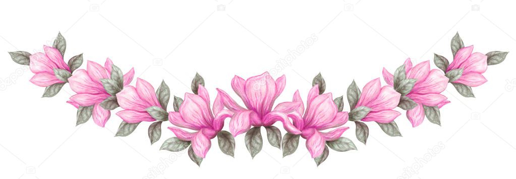 Hand drawn painting watercolor pencils and paints pink magnolia 