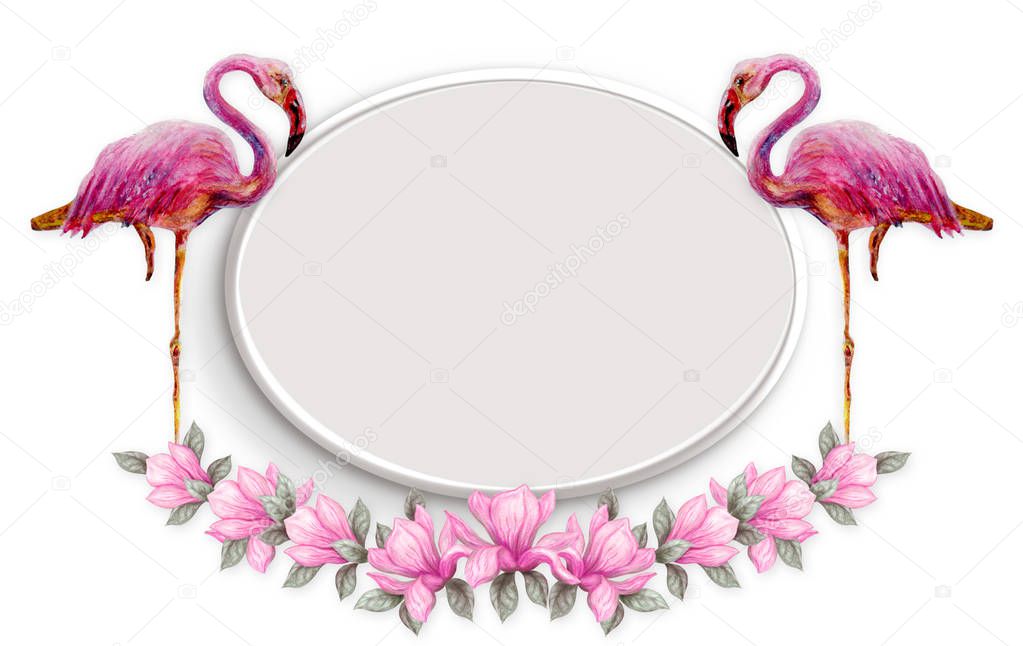 Two pink flamingos stands in floral frame of magnolia flowers is