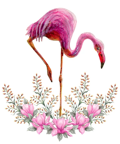 粉红色火烈鸟站在玉兰花的花卉装饰等 — 图库照片