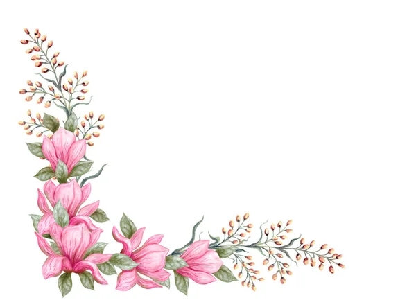 Ручная живопись акварелью карандаши и краски розовые магнолии — стоковое фото