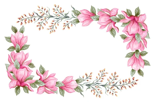 Rysowane ręcznie malowanie ołówków akwarelowych i farb różowy Magnolia — Zdjęcie stockowe