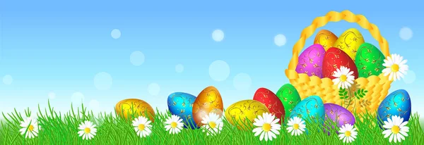 Huevos de Pascua con adornos decorativos dorados sobre hierba y cesta — Archivo Imágenes Vectoriales