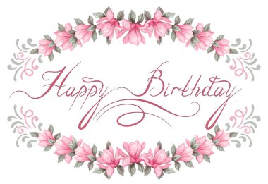 Çiçek bahar manolya çerçeve ve yazı Happy Birthday