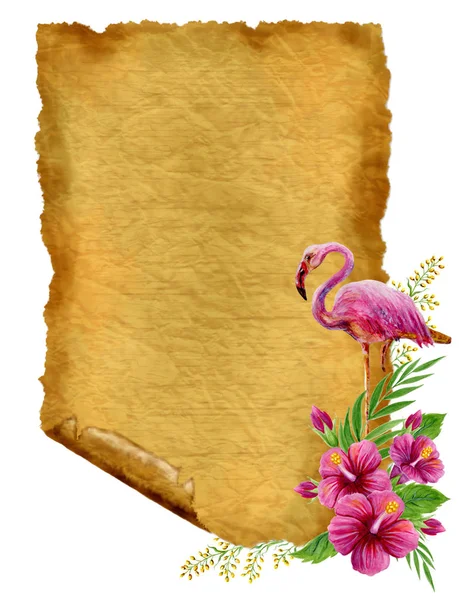 Ročník papyru s tropickými květy a růžovým plameňákama. Hibiscu — Stock fotografie