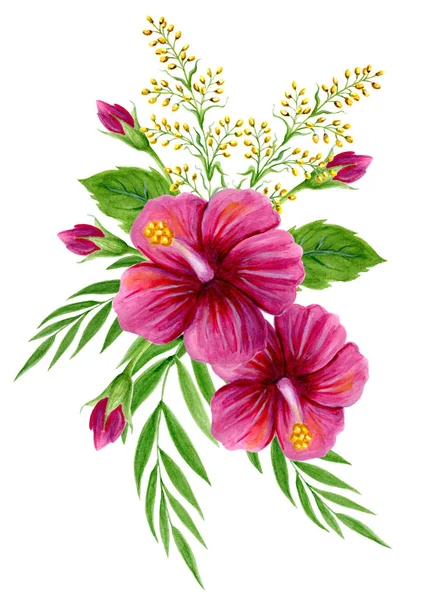 Χειροποίητη ζωγραφική Υδατογραφικού με ροζ κινέζικο ιβίσκο τριαντάφυλλο — Φωτογραφία Αρχείου