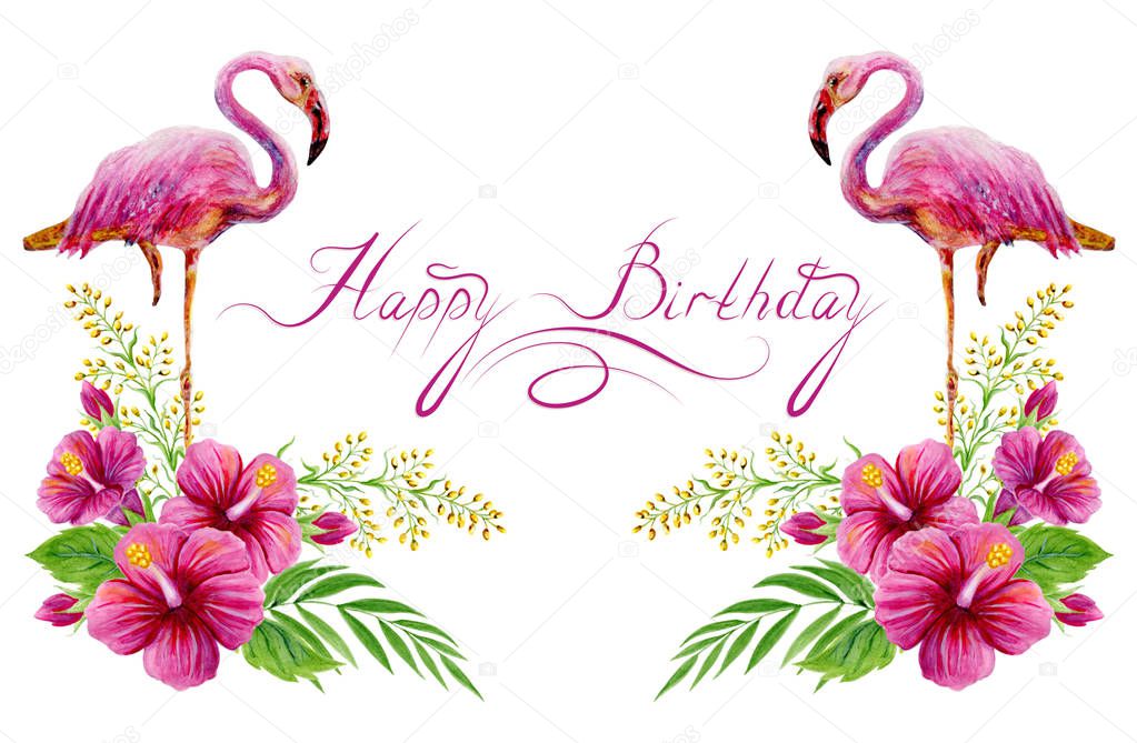 Calligraphical lettering Happy Birthday on congratulation card 