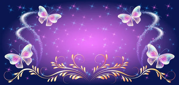Transparent neon butterflies with golden ornament and glowing sp — Stock Vector