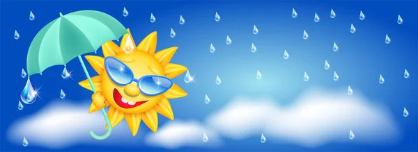 Sol em óculos com guarda-chuva e gotas de chuva — Vetor de Stock