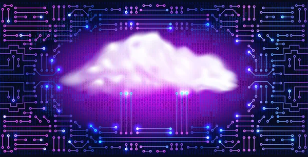 Αποθήκευση στο cloud. Κύκλωμα αφηρημένο εκτρονικό με ψηφιακό σύννεφο νέον — Διανυσματικό Αρχείο