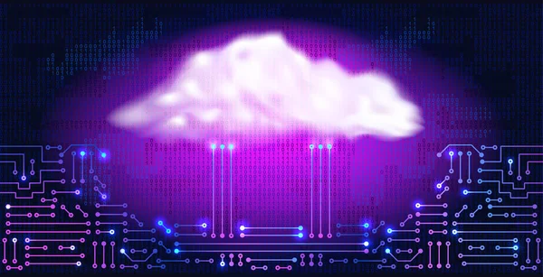 Armazenamento em nuvem. Circuito ectrónico abstrato com nuvem de néon digital —  Vetores de Stock