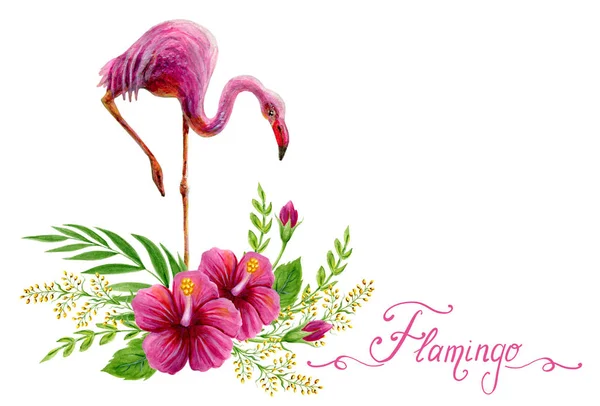 Handgezeichnete Aquarellmalerei mit rosa Flamingo und chinesischem h — Stockfoto