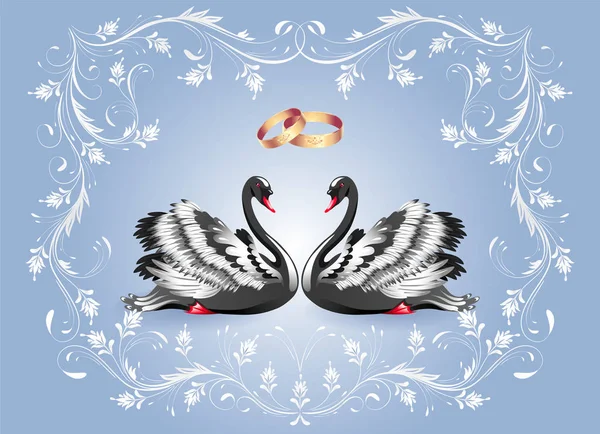Декоративна листівка з двома чорними лебедями і вінтажним орнаментом і йти — стоковий вектор
