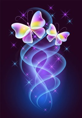 Neon duman, kelebekler ve ışıltılı yıldız ile parlayan arka plan