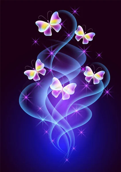 Glowing background with neon glittering smoke, butterflies and s — Stock Vector