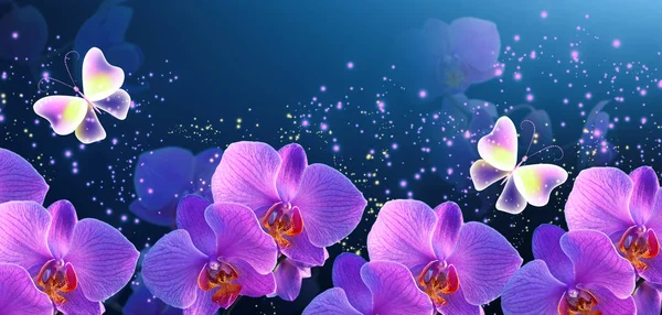 Gloeiende fantasie banner met magische vlinders met mysterieuze ne — Stockfoto