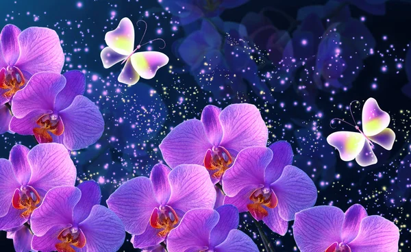 Glowing fantasy banner with magic butterflies with mysterious ne — Stock Photo, Image