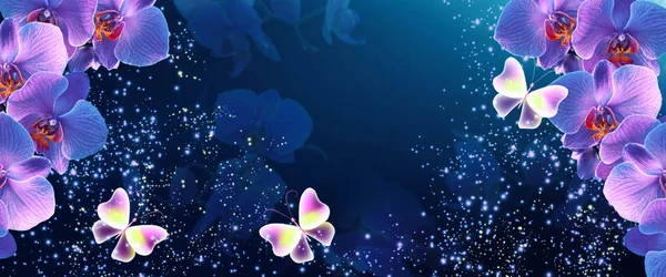 Glowing fantasy banner with magic butterflies with mysterious ne — Stock Photo, Image