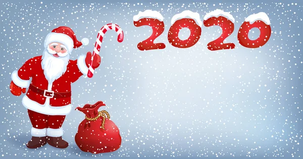 Santa Claus con bastón rayado caramelo contra el telón de fondo de la nieve — Vector de stock