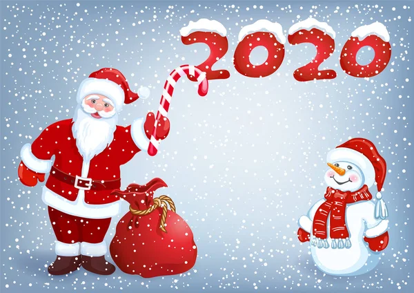 Santa Claus le da a muñeco de nieve un bastón rayado contra el backdro — Vector de stock