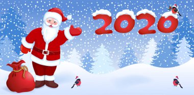 Noel hediye çantası ve Bullfinch ile Artoon Noel Baba