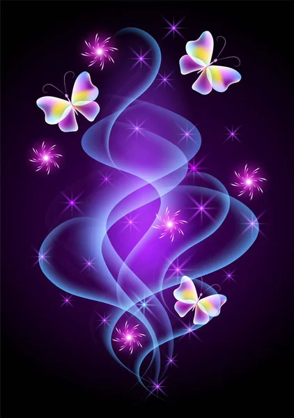 Fond lumineux avec de la fumée au néon, des papillons et une étoile scintillante — Image vectorielle
