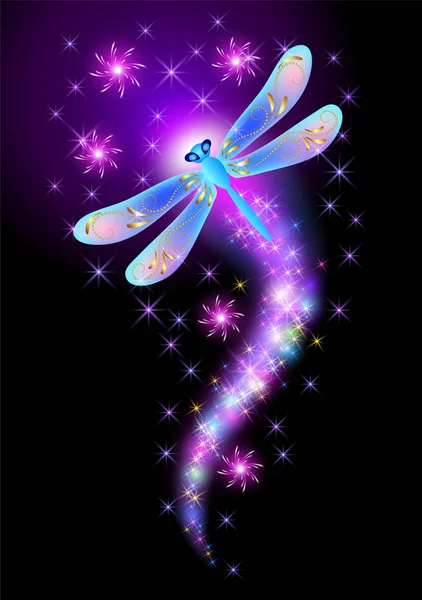 Flying  dragonfly with sparkle and blazing trail — Stock Vector